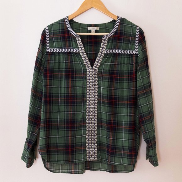 J. Crew Embroidered Peasant Top in Green Plaid - Picture 1 of 7